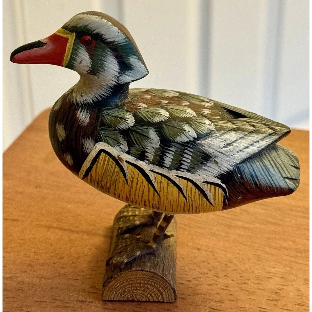 VINTAGE HAND Carved & PAINTED Wooden WOOD DUCK ON LOG 4